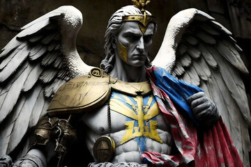 A heroic ukrainian soldier with wings superpowered angel is here to fight for ukraine and kill and destroy the russian invasion, fantasy and hope, portrait
