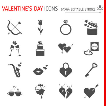 Valentine's day solid icon set, love vector collection, logo illustrations, valentines day vector icons, glyph style pictogram pack, editable stroke icons.