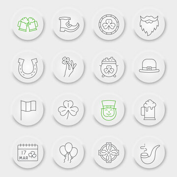 St. Patricks Day line icon set, holiday collection, vector graphics, neumorphic UI UX buttons, St. Patricks Day vector icons, celebration signs, outline pictograms, editable stroke