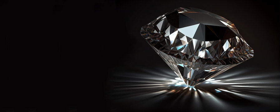 3D render of round cut diamond on black dark glossy background, rear light, shadow, caustics rays, generative ai