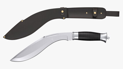 Modern Kukri knife with a leather scabbard. 3D rendering