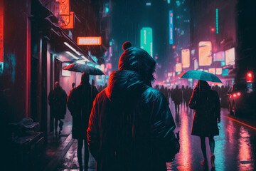 people in the rain with cyberpunk design style, generative ai
