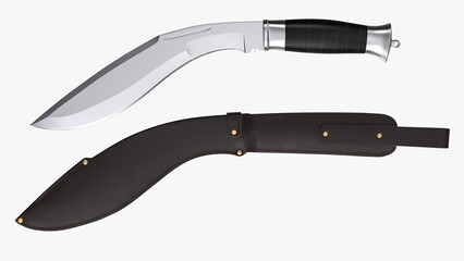 Modern Kukri knife with a leather scabbard. 3D rendering