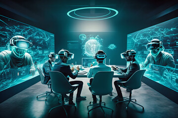 Scientists working in an amazing holographic lab to solve the mysteries of disease, cancer and the universe. Blue spheres and 3D data are all around. The future of science and work office