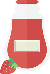 Transparent jar or bottle with strawberry jam, juice