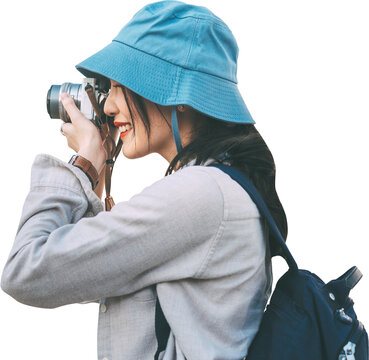 Young Adult Asian Woman Traveller Using Camera And Backpack Isolated Cutout White Background