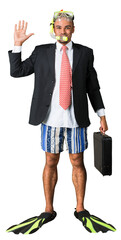 Smiling handsome businessman wearing diving mask, preparing for vacation isolated on white