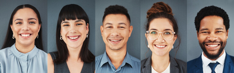 Collage, portrait and face of business people with smile, professional group and headshot on studio background. Diversity, employees and composite of happy corporate teamwork, global company or trust