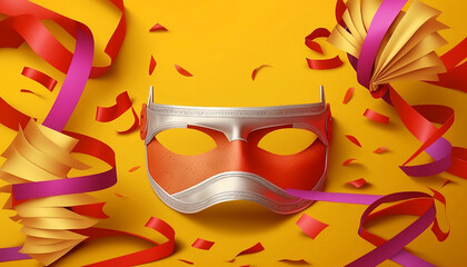 golden face masks red ribbons and drum carnival background.