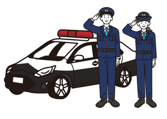 男女の警官とパトカーのベクターイラスト素材／警察／お巡りさん © ニワトコ