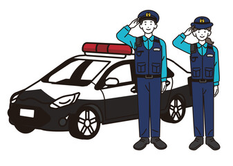 男女の警官とパトカーのベクターイラスト素材／警察／お巡りさん