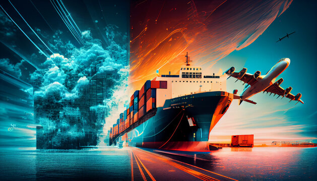 Double exposure of Industrial Container Cargo freight ship, truck, aircraft for Logistic Import Export concept