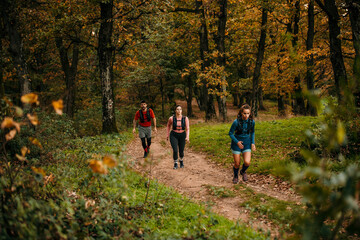 Fototapeta premium Young male and female joggers running in the forest. a happy young group of people exercising together.