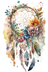 watercolor decoration bohemian dream catcher, boho feathers decoration, native dream chic design, Generative AI