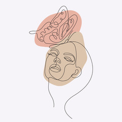Woman Head with Butterfly Line Art Vector Drawing. Style Abstract Template with Female Face with Butterfly in Modern Minimalist Simple Linear Style. Beauty Fashion Design 
