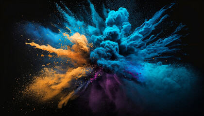 Fototapeta na wymiar blue and yellow dust explosion on a black background