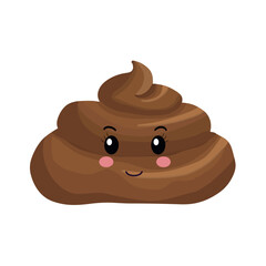 Poop is a cute funny cartoon smiley face with the character's excrement, set in isolation on a white background.