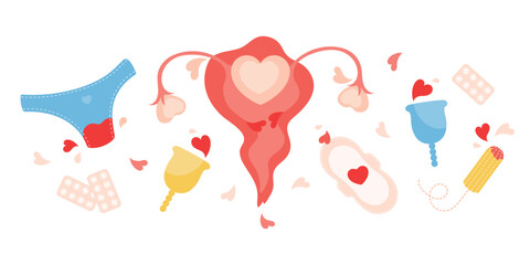 Vector set of female intimate hygiene products. Women supplies for menstruation underpants, pads, tampon, menstrual cup and pills. An image of the uterus. Menstrual cycle. Girl critical days