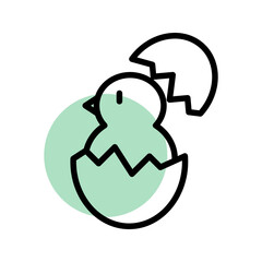 Easter baby chicken with crack egg outline vector icon illustration