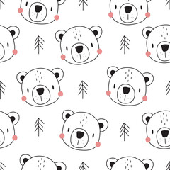 Fototapeta premium Seamless childish pattern of a cute bear in scandinavian style. Vector illustration for baby and textile decoration