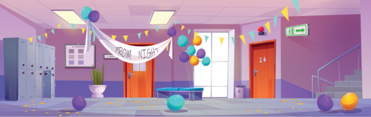 Mess in school hallway after prom night party. Vector cartoon illustration of empty corridor with lockers, colorful confetty scattered on floor, air balloons flying, flag garland hanging on ceiling © klyaksun