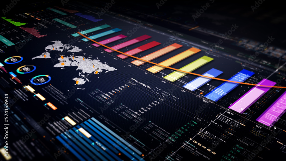 Aufkleber Business stock market, trading, info graphic with animated graphs, charts and data numbers insight analysis to be shown on monitor display screen for business meeting mock up theme