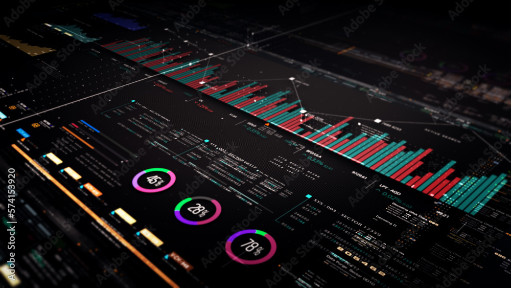 Aufkleber Business stock market, trading, info graphic with animated graphs, charts and data numbers insight analysis to be shown on monitor display screen for business meeting mock up theme
