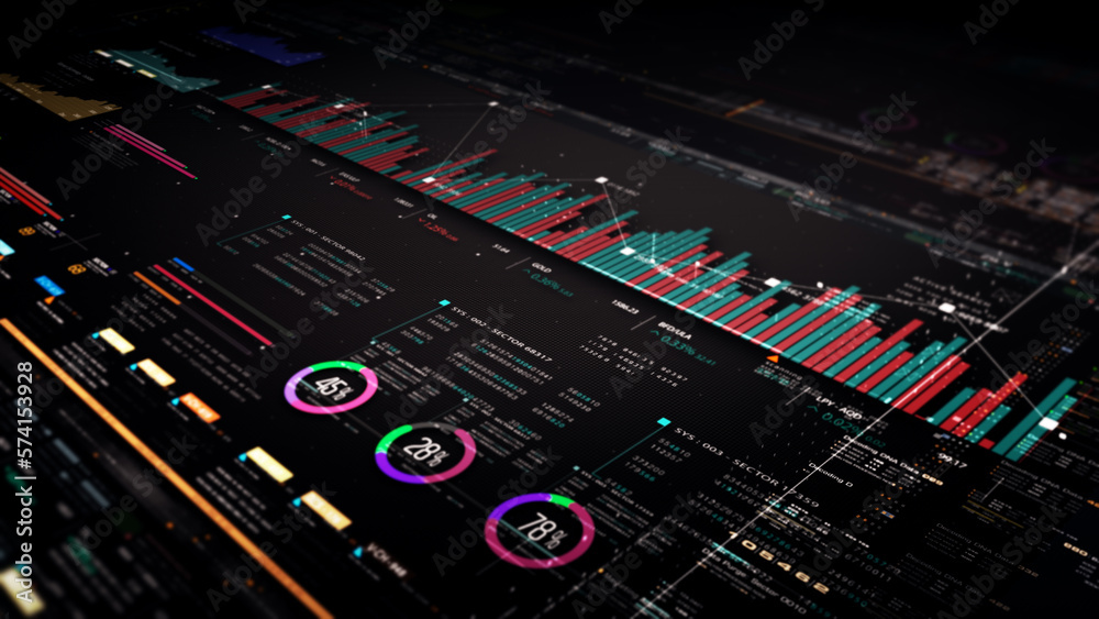 Aufkleber Business stock market, trading, info graphic with animated graphs, charts and data numbers insight analysis to be shown on monitor display screen for business meeting mock up theme
