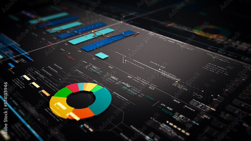 Aufkleber Business stock market, trading, info graphic with animated graphs, charts and data numbers insight analysis to be shown on monitor display screen for business meeting mock up theme
