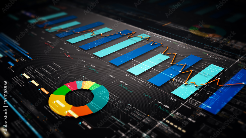 Leinwandbilder business stock market, trading, info graphic with animated graphs, charts and data numbers insight a
