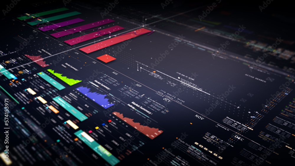 Aufkleber Business stock market, trading, info graphic with animated graphs, charts and data numbers insight analysis to be shown on monitor display screen for business meeting mock up theme