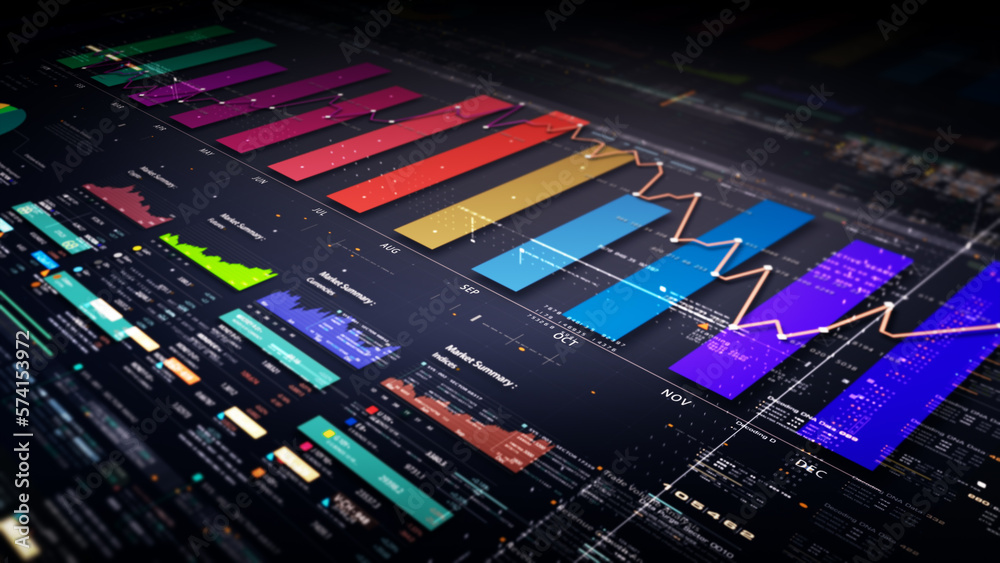 Aufkleber business stock market, trading, info graphic with animated graphs, charts and data numbers insight a