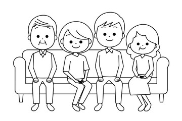 ソファに集まっている2世代家族（線画）