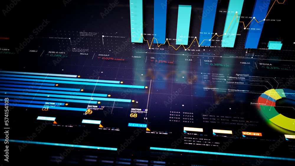 Poster Business stock market, trading, info graphic with animated graphs, charts and data numbers insight analysis to be shown on monitor display screen for business meeting mock up theme