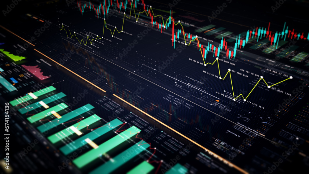 Poster Business stock market, trading, info graphic with animated graphs, charts and data numbers insight analysis to be shown on monitor display screen for business meeting mock up theme