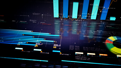 Business stock market, trading, info graphic with animated graphs, charts and data numbers insight analysis to be shown on monitor display screen for business meeting mock up theme