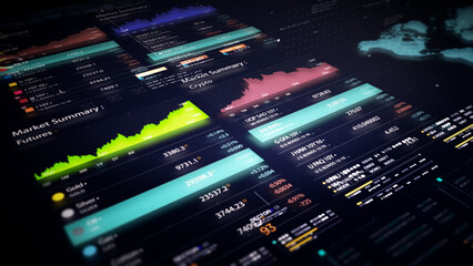 Business stock market, trading, info graphic with animated graphs, charts and data numbers insight analysis to be shown on monitor display screen for business meeting mock up theme