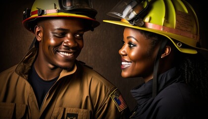 Empowering Confidence and Relationship in the Workplace: Celebrating National Couple's Day with Diversity Inclusivity in the Industry with African American Firefighter Couple (generative AI