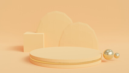 3d yellow product display stand displays cosmetics on the yellow studio podium.