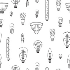 Seamless pattern with vector light bulbs. Hand drawn illustration. A simple sketch of a lamp.