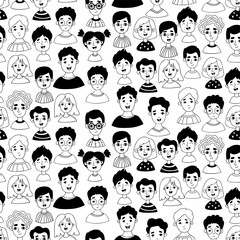 Seamless pattern with kids portraits. Cute girls and boys on white background. Vector illustration in doodle style for kids collection, design, wallpapers, textiles and wrapping paper.