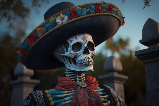 skeleton in Mexican Traditional Costume and Sombrero Hat, Dia de Muertos, Day of the Dead - Generative AI