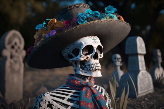 skeleton in Mexican Traditional Costume and Sombrero Hat, Dia de Muertos, Day of the Dead - Generative AI