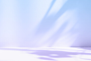 Abstract purple studio background for product presentation. Empty room with shadows of window and flowers and palm leaves . 3d room with copy space. Summer concert. Blurred backdrop.