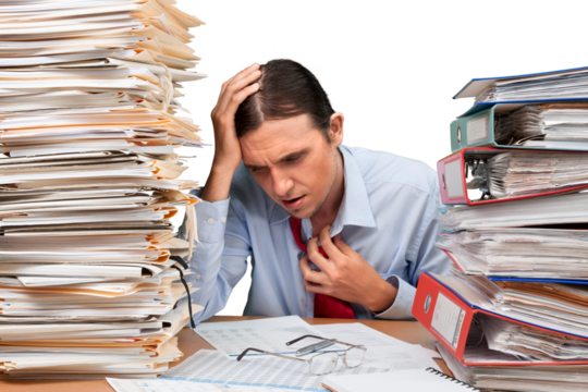 Portrait of an Exhausted Employee with Stack of Folders
