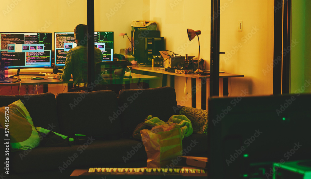 Leinwandbilder Developer, back or computer screen in neon programming, cybersecurity ransomware or SEO night phishing in basement. Hacker, programmer or woman on technology coding for dark software, iot bug or scam