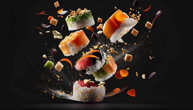 Fresh Sushi Flying in the Air, black gradient background.