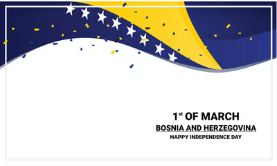 Bosnia and Herzegovina happy independence day vector banner, greeting card. Realistic wavy flag in 1st of March national patriotic holiday horizontal design