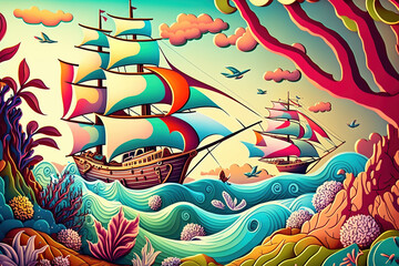 Bright, vibrant candyland wonderland sailing ships on the sea cartoon fairytale style for children.  Generative AI.