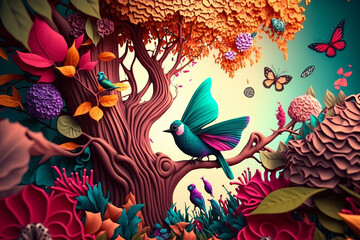Bright, vibrant candyland wonderland garden with birds and butterflies cartoon fairytale style for children.  Generative AI.